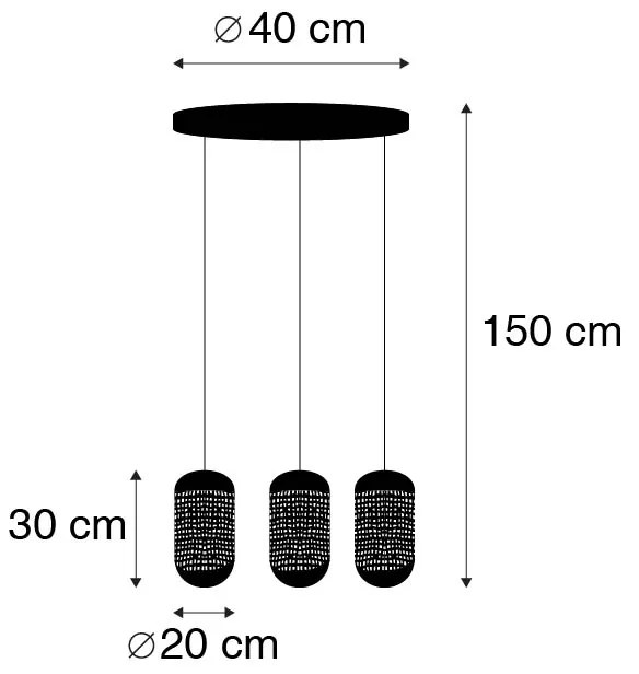 Висяща лампа в ретро стил черна с месинг кръгла 3-светлина - Kayleigh