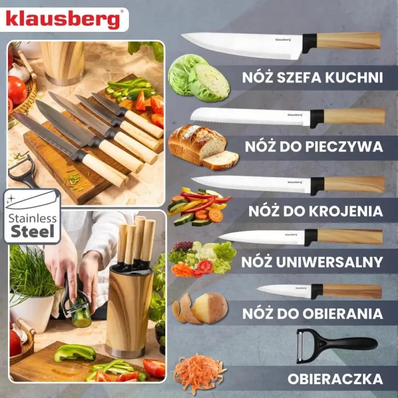Комплект кухненски ножове Klausberg KB 9036, 7 ч, Неръждаема стомана, Дървесен ефект, Стойка, Кафяв