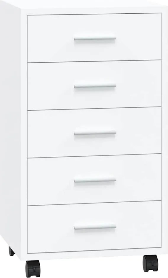 342673 vidaXL Шкаф с чекмеджета на колелца, бял гланц, инженерно дърво