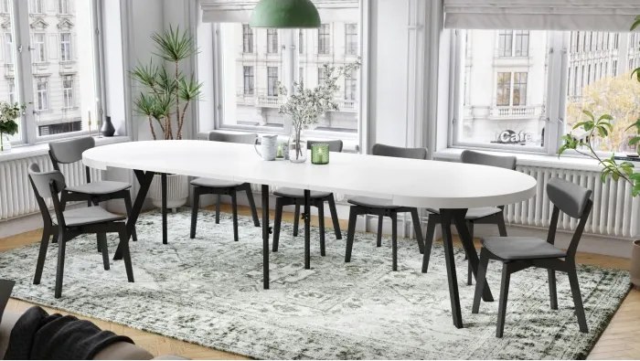 ЕКСПАНСО Бял мат/черни крака - ГОЛЯМА КРЪГЛА МАСА Ø110 РАЗТЕГАТЕЛНА ДО 310 cm С КРАКА Y ЛОФТ/ИНДУСТРИАЛНА