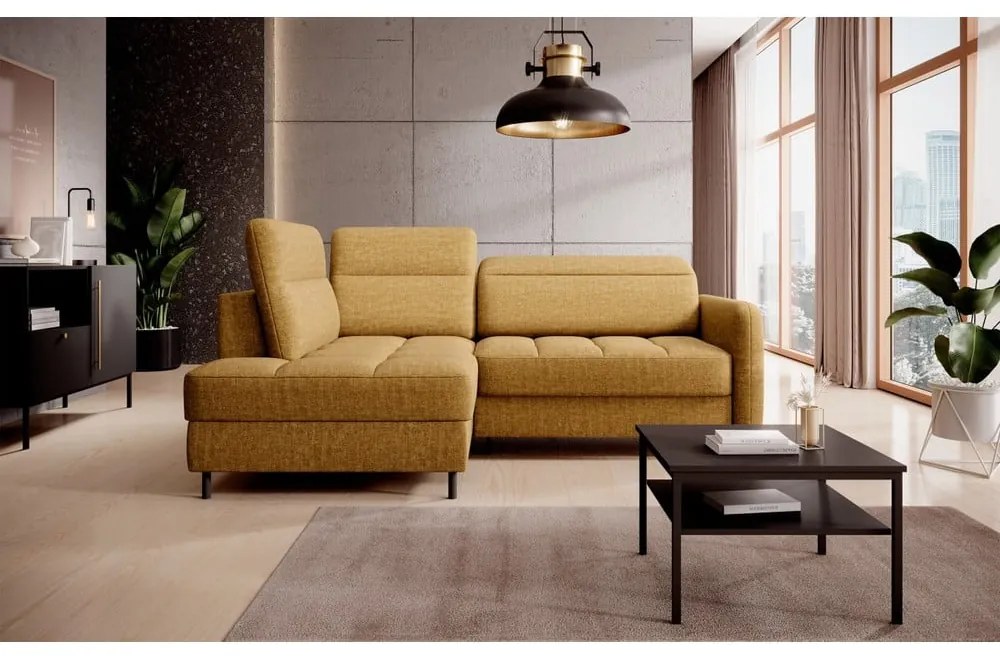 Жълт кадифен разтегателен ъглов диван с място за съхранение (ляв ъгъл L форма) Barea – ELTAP