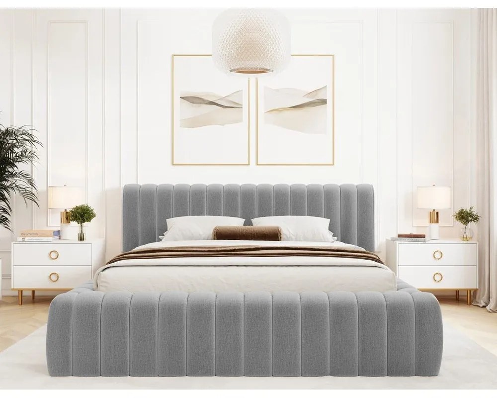 Светлосиво двойно легло 140x200 cm тапицирано с място за съхранение с включена подматрачна рамка Carilla – ELTAP