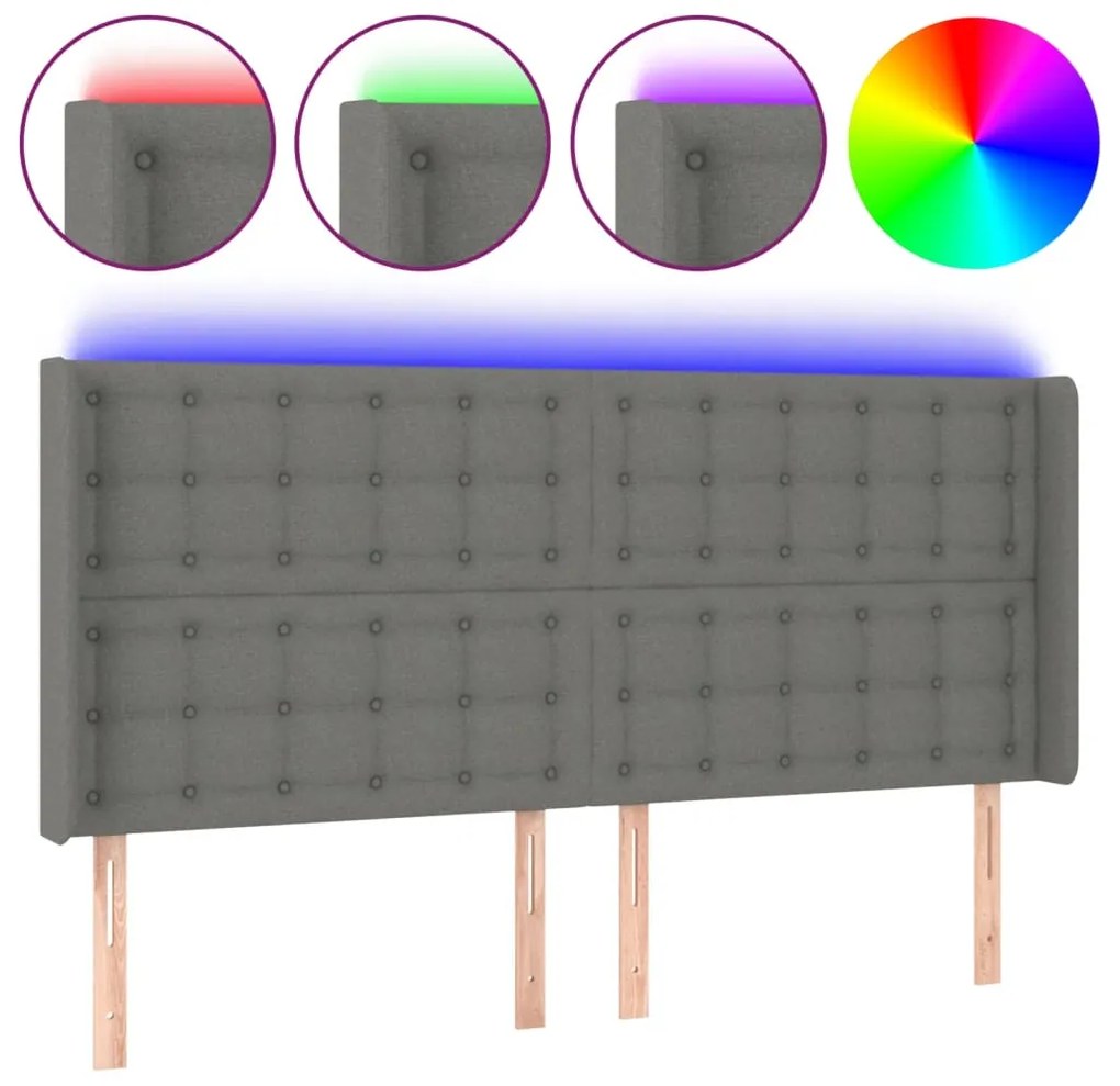 3124489 vidaXL LED горна табла за легло, тъмносива, 163x16x118/128 см, плат