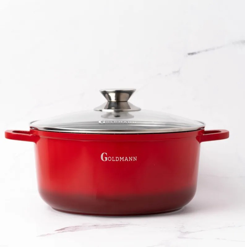 Тенджера Goldmann GM-7320R, 2.3 л, 20 см, Мраморно покритие, Стъклен капак с отвор за пара, Индукция, Червен