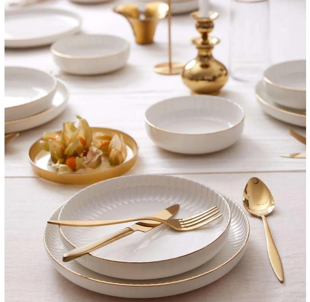 Комплект за хранене, 18 части, бял/златен/порцелан