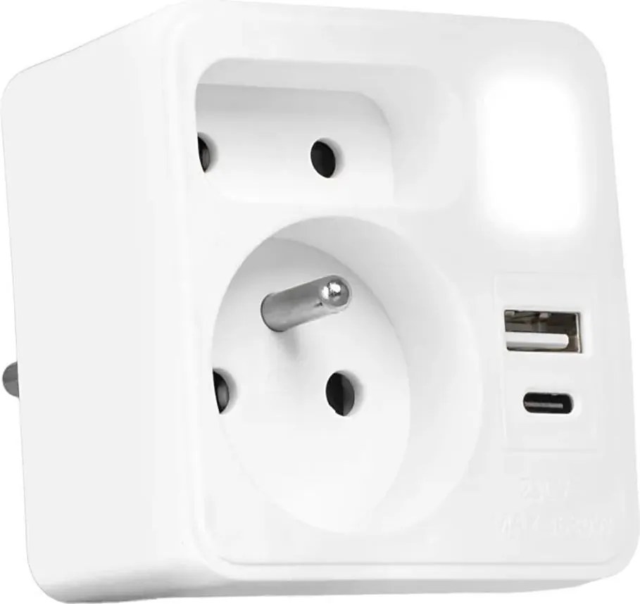 Разклонителна розетка 2 гн. + USB-C + USB-A с LED осветление 0,5W/230V 3000K