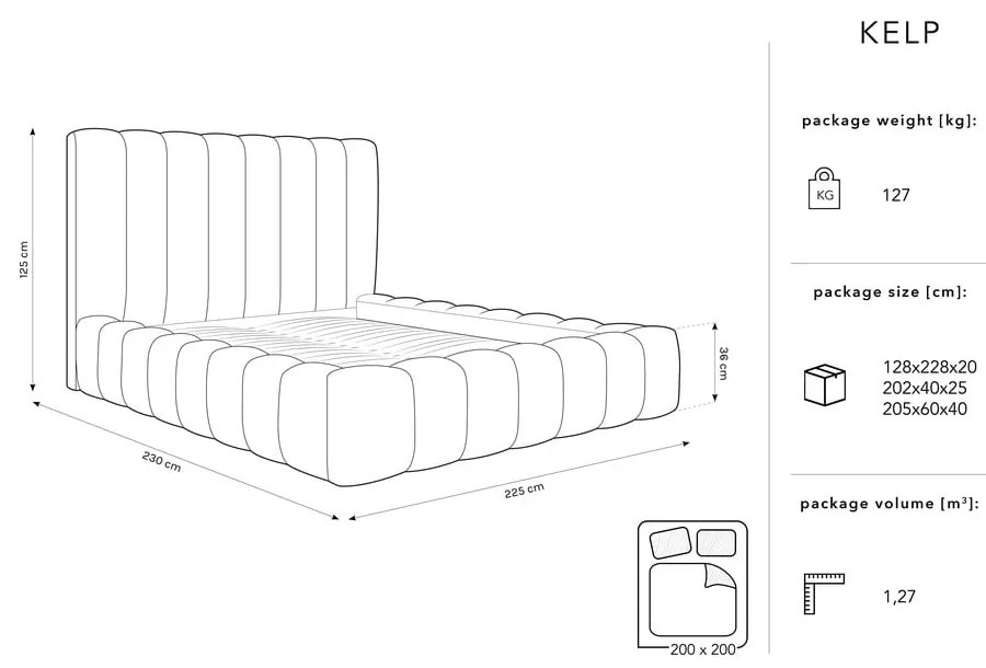 Сиво тапицирано двойно легло с място за съхранение 200x200 cm Kelp - Micadoni Home
