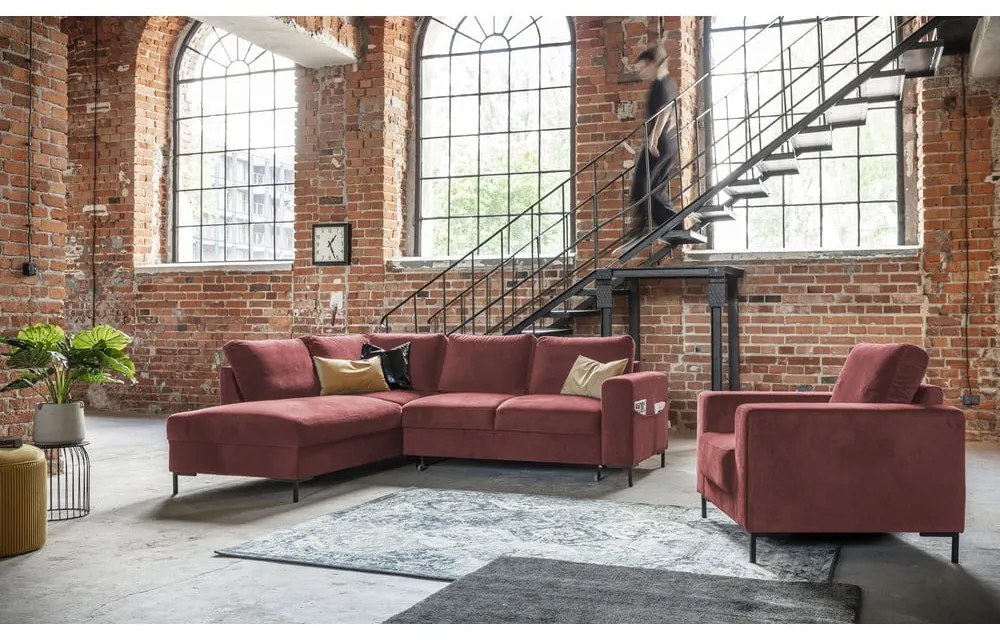 Розов кадифен разтегателен ъглов диван (ляв ъгъл) Lofty Lilly – Miuform