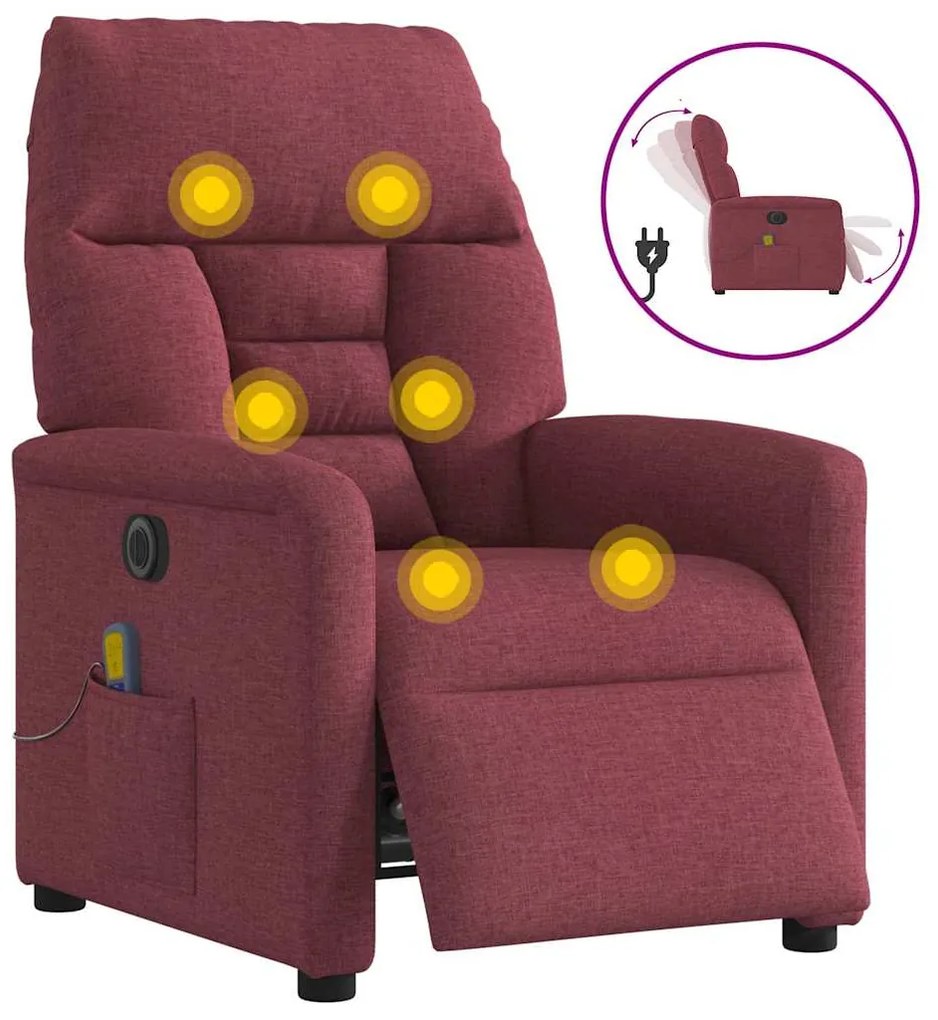 3303025 vidaXL Електрически масажен наклоняем стол, виненочервен, текстил