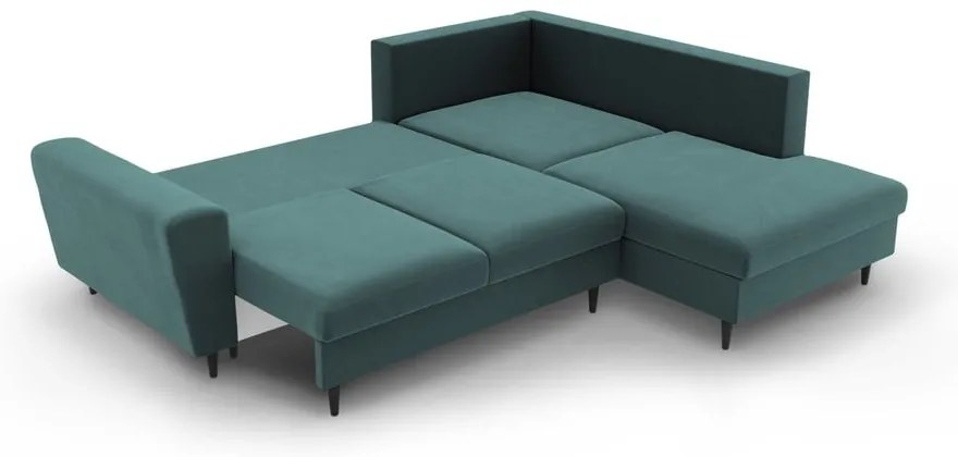 Кадифен разтегателен ъглов диван с място за съхранение в петролен цвят (десен ъгъл/L форма) Kyoto – Cosmopolitan Design