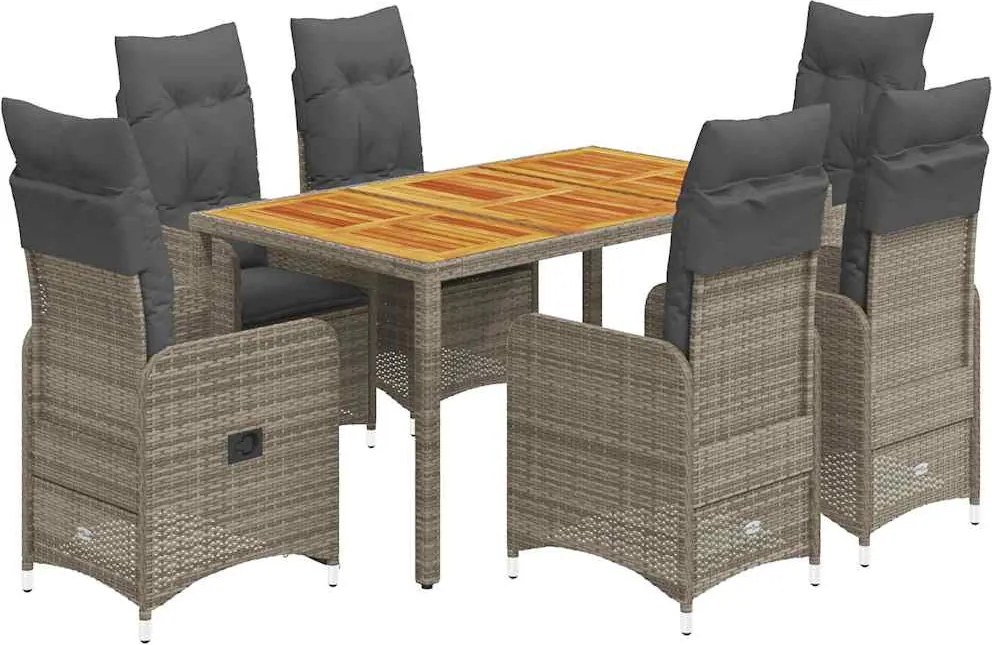 3277024 vidaXL Градински бистро комплект с възглавници 7 части сив полиратан