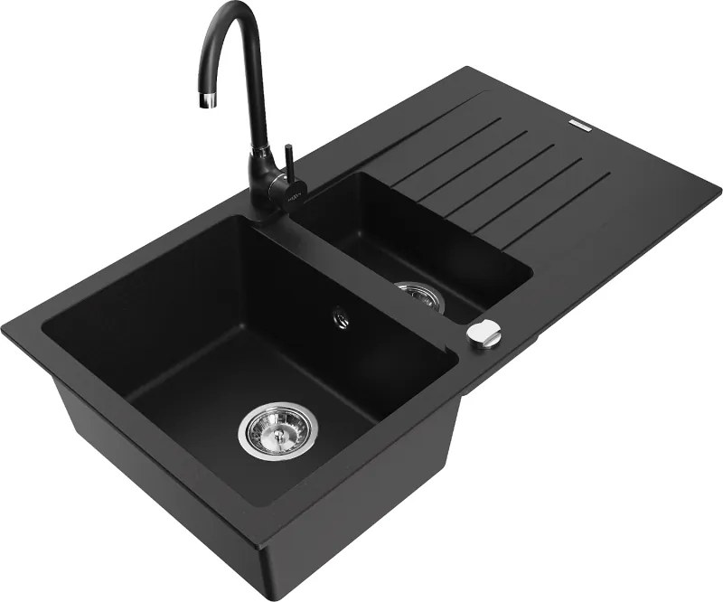Mexen Matias гранитна мивка 1,5-камерна с отцедник и кухненски смесител Telma, черен - 6502-77-670200-70