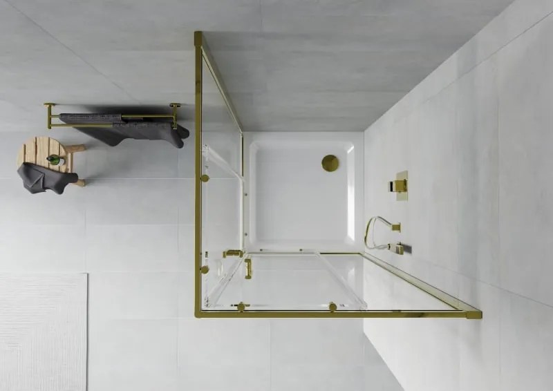 Mexen Rio квадратна душ кабина 90 x 90 см, прозрачна, златна + корито Flat, бяло
