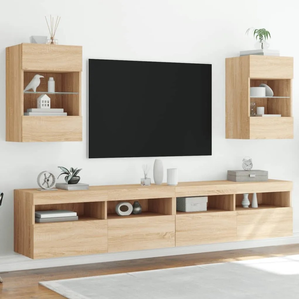 837083 vidaXL Стенни шкафове с LED светлини за телевизор, 2 бр, сонома дъб, 40x30x60,5 см