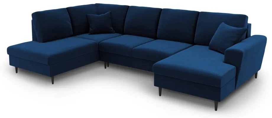 Син кадифен разтегателен ъглов диван с място за съхранение (ляв ъгъл/U форма) Kyoto – Cosmopolitan Design