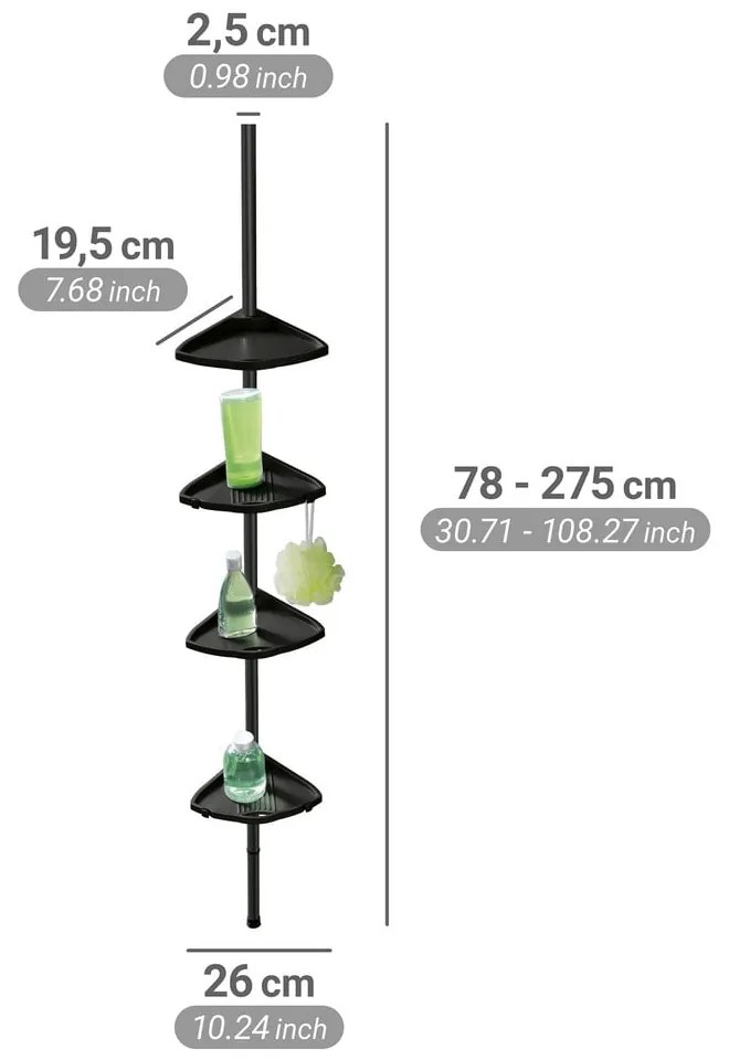 Черен телескопичен ъглов пластмасов рафт за баня Compact – Wenko