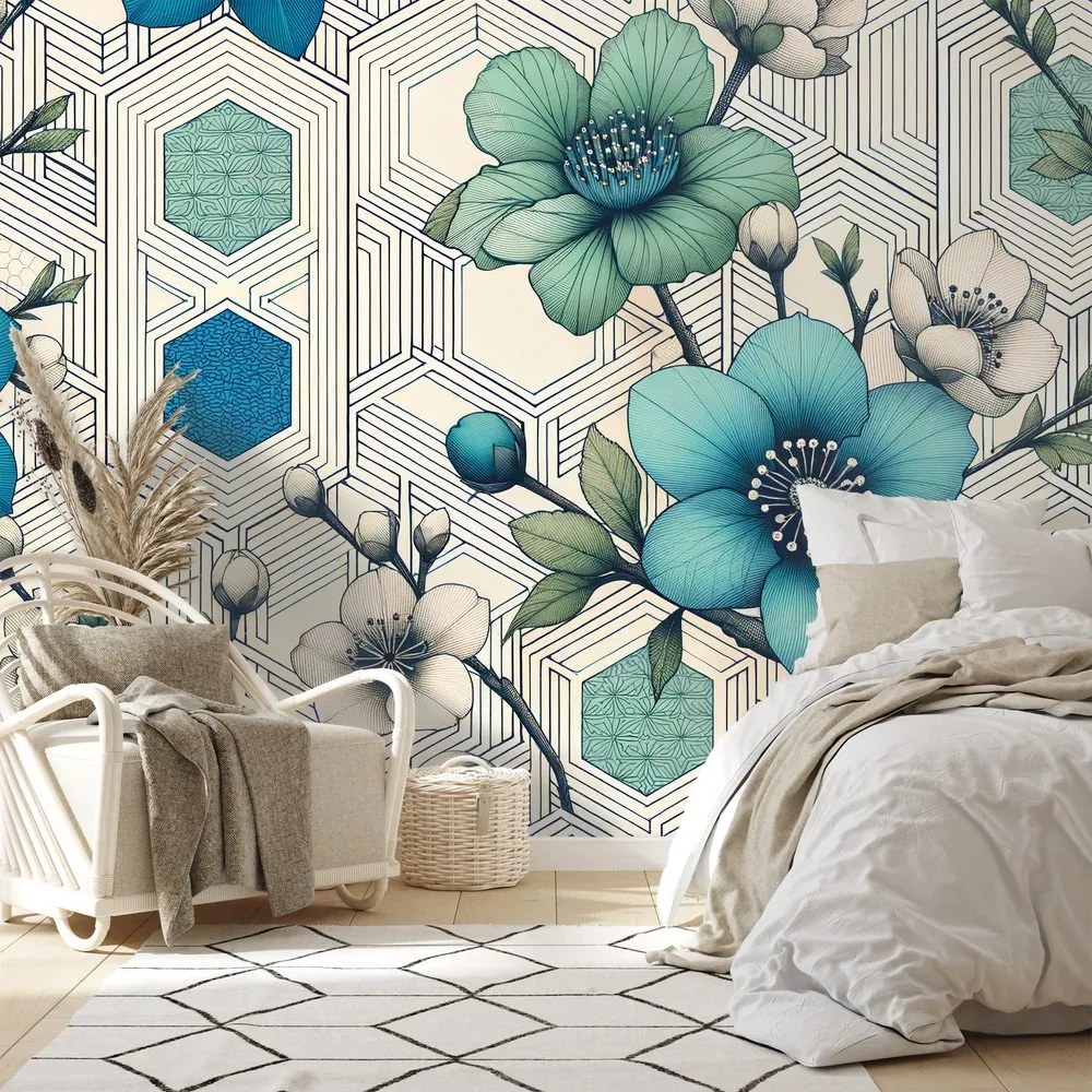 Тапет – Сини цветя с геометричен фон
