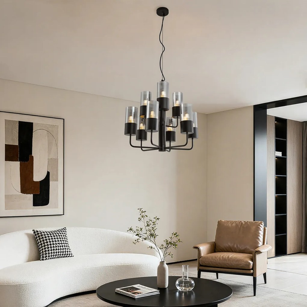 Модерен полилей черен с димно стъкло 9 лампи - Laura