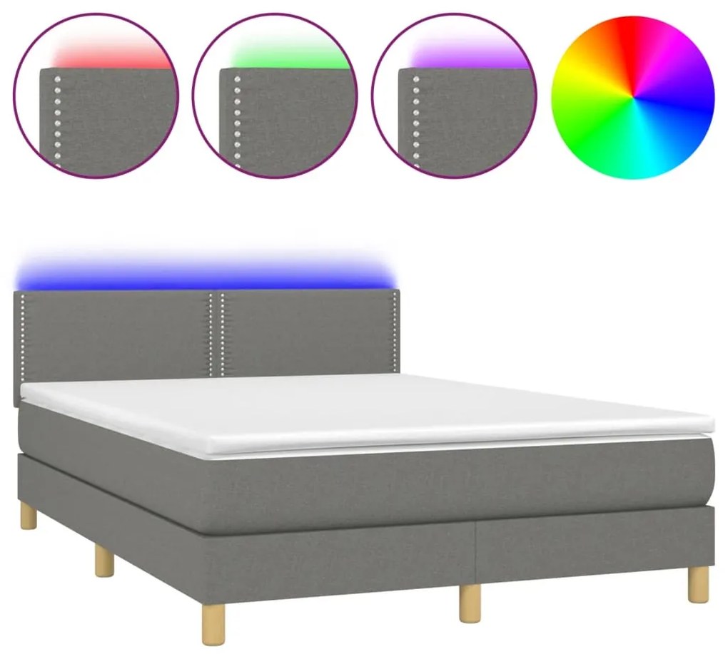 3133638 vidaXL Боксспринг легло с матрак и LED, тъмносиво, 140x200 см, плат