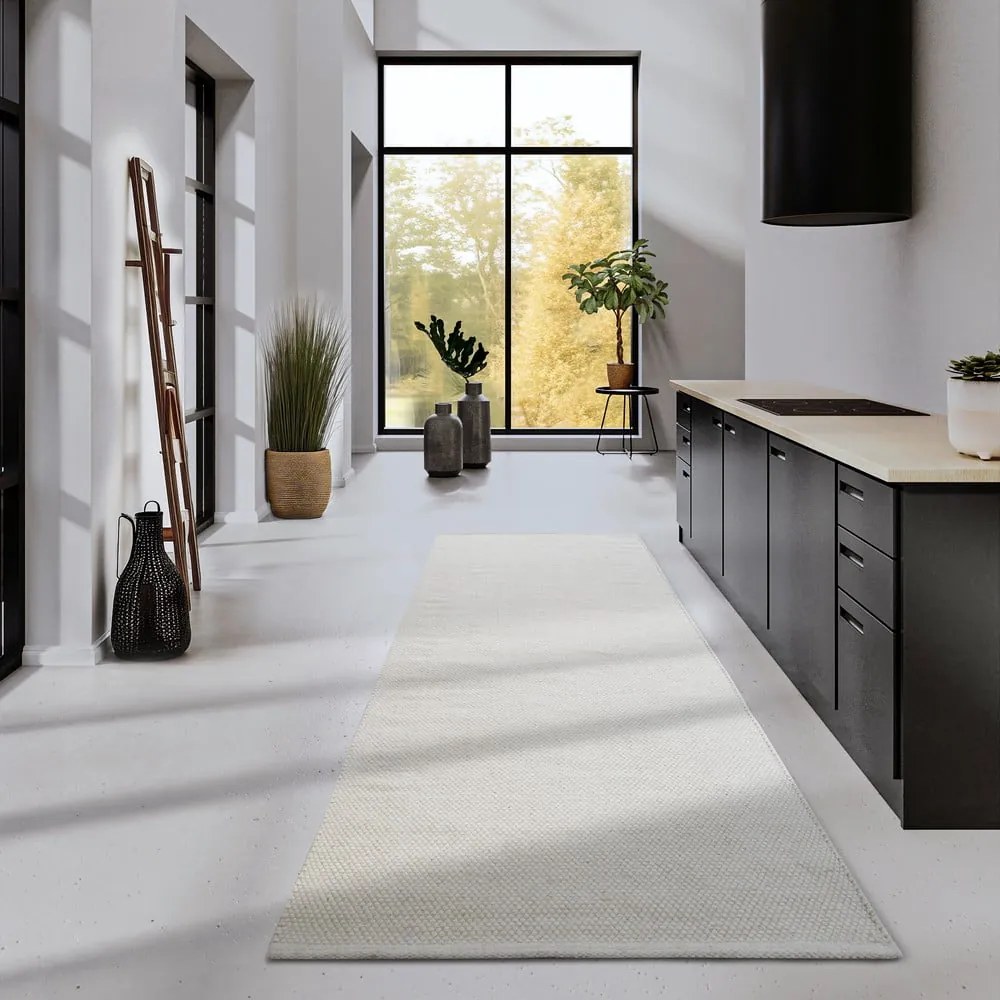 Кремава ръчно изработена пътека със смес от вълна 80x200 cm Pradesh Natural White – Elle Decoration