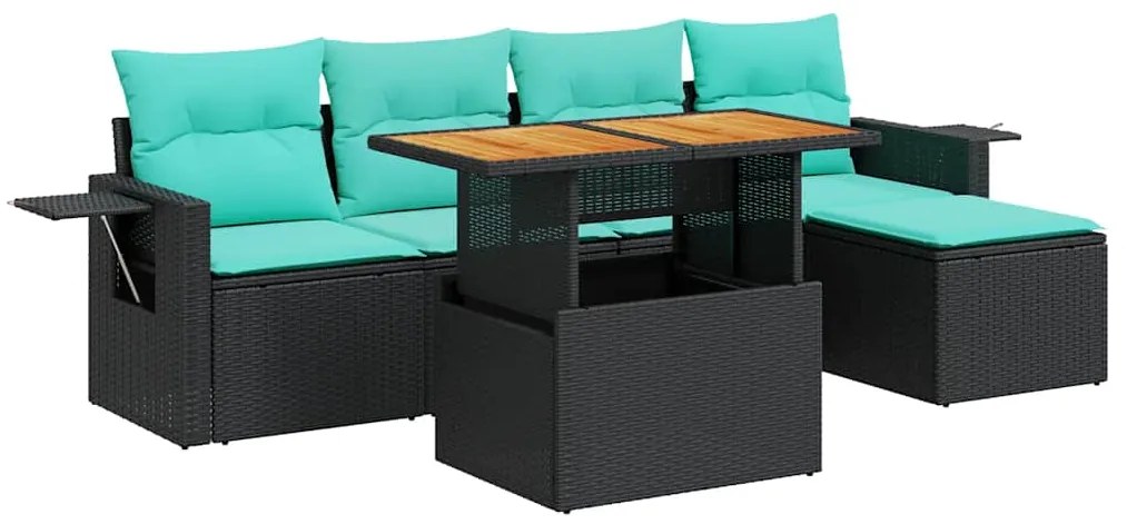 3327137 vidaXL Градински диван с възглавници, 6 части, черен, полиратан