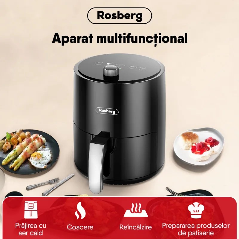 Фритюрник AirFryer Rosberg R51980Y, 1200 W, 2.5 л, Горещ въздух, Таймер, До 200C, Черен