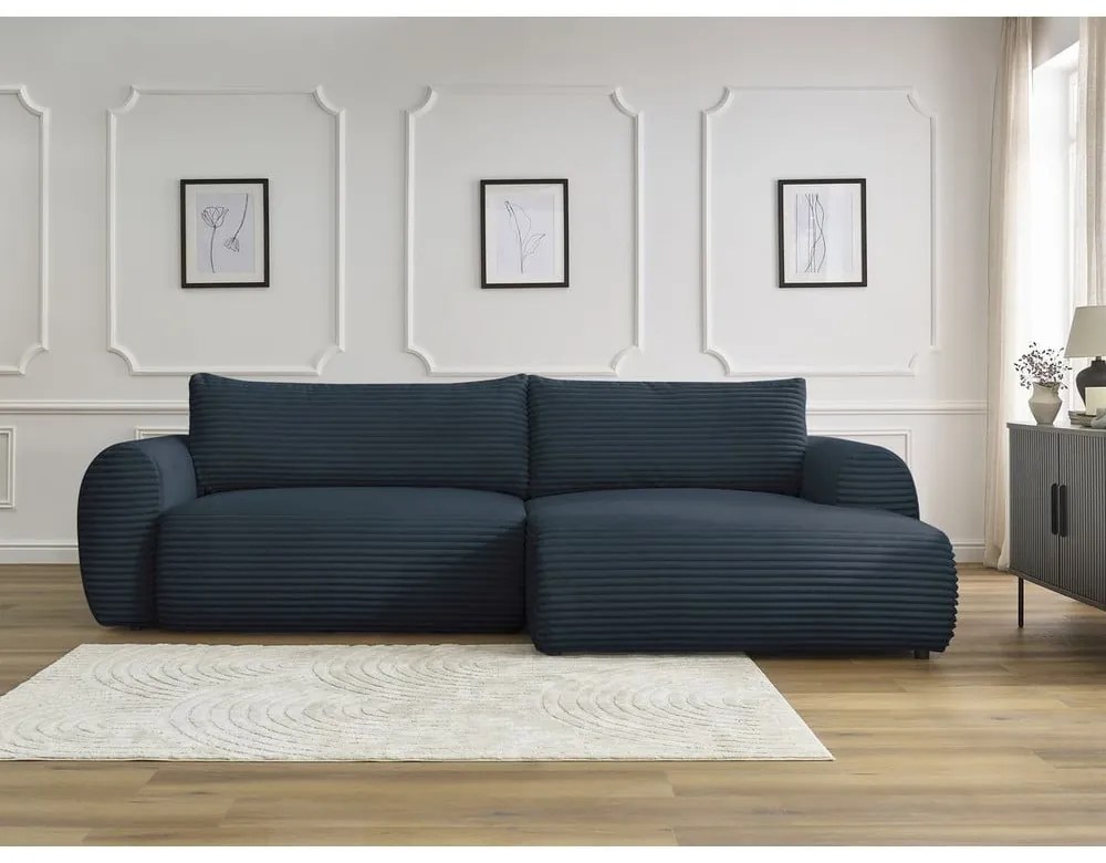 Тъмносин разтегателен ъглов диван от рипсено кадифе (десен ъгъл) Lucien – Bobochic Paris