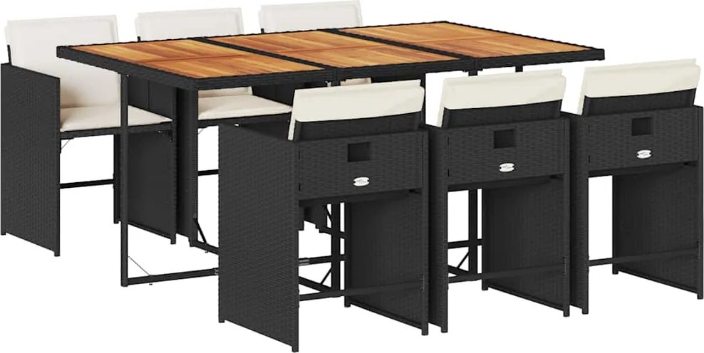 3211095 vidaXL Градински трапезен комплект 7 части възглавници черен полиратан