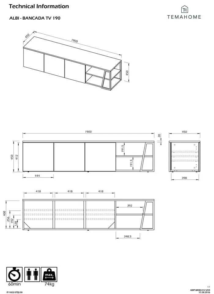 Бяла маса за телевизор от дъб 190x45 cm Albi - TemaHome