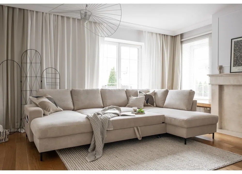 Бежов разтегателен ъглов диван от рипсено кадифе (десен ъгъл) Lofty Lilly – Miuform