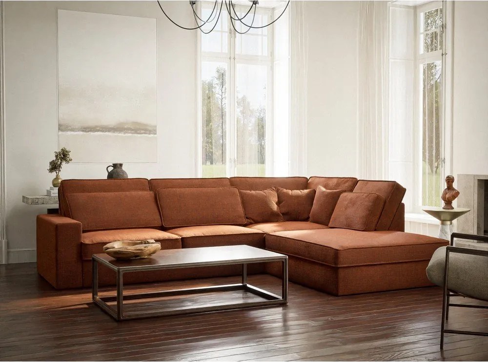 Шенилов ъглов диван в меден цвят (десен ъгъл/L форма) Kirou – Maison de Rêve
