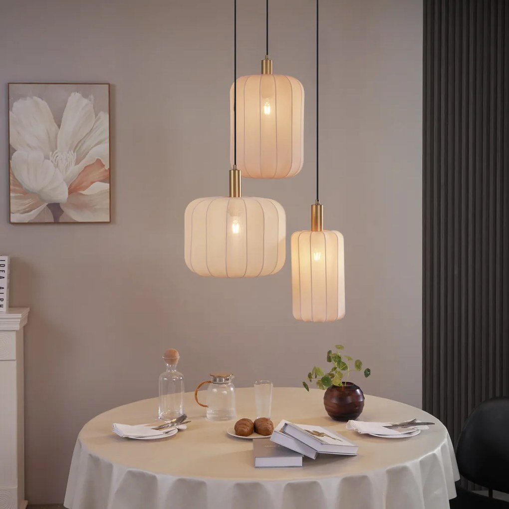 Japandi висяща лампа черна и златна с бежов абажур 3 светлини - Pluni