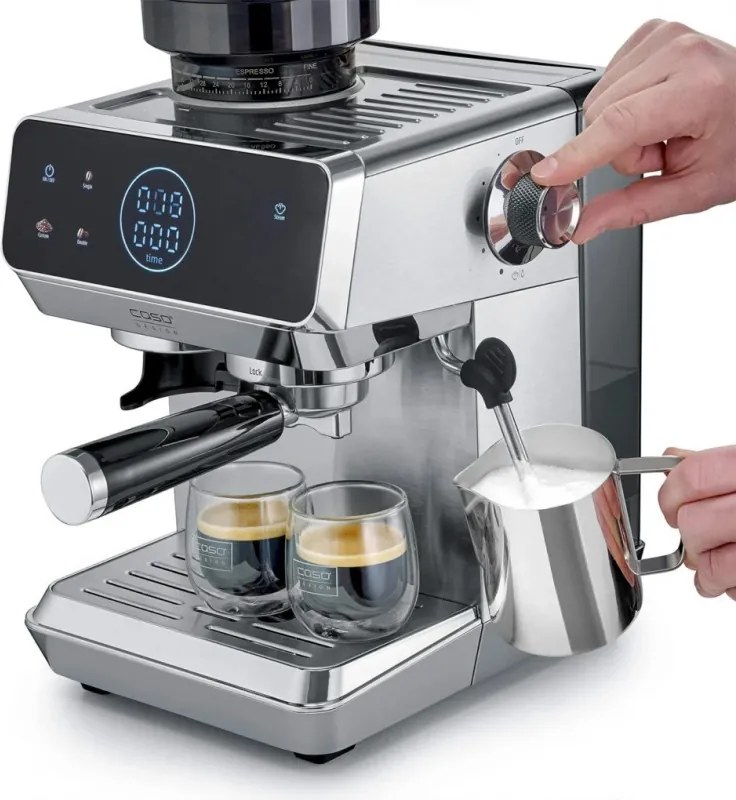 Еспресо машина Caso EspressoGourmet&Grind, 1500W, 20 bar, 1.8 л, Ulka, Pre-infusion, Cold Brew Сензорно управление, Мелачка, Портафилтър, Инокс