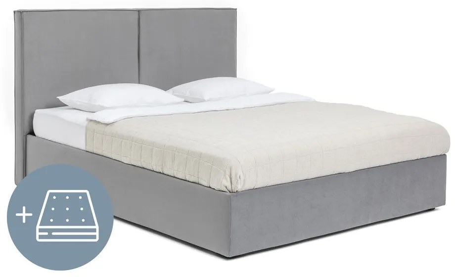 Сиво тапицирано двойно легло с място за съхранение и матрак с решетка 160x200 cm Thessa Bold - Bonami Selection