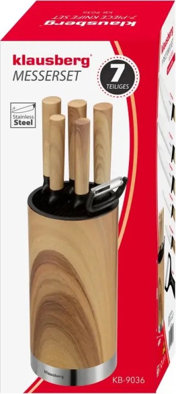 Комплект кухненски ножове Klausberg KB 9036, 7 ч, Неръждаема стомана, Дървесен ефект, Стойка, Кафяв
