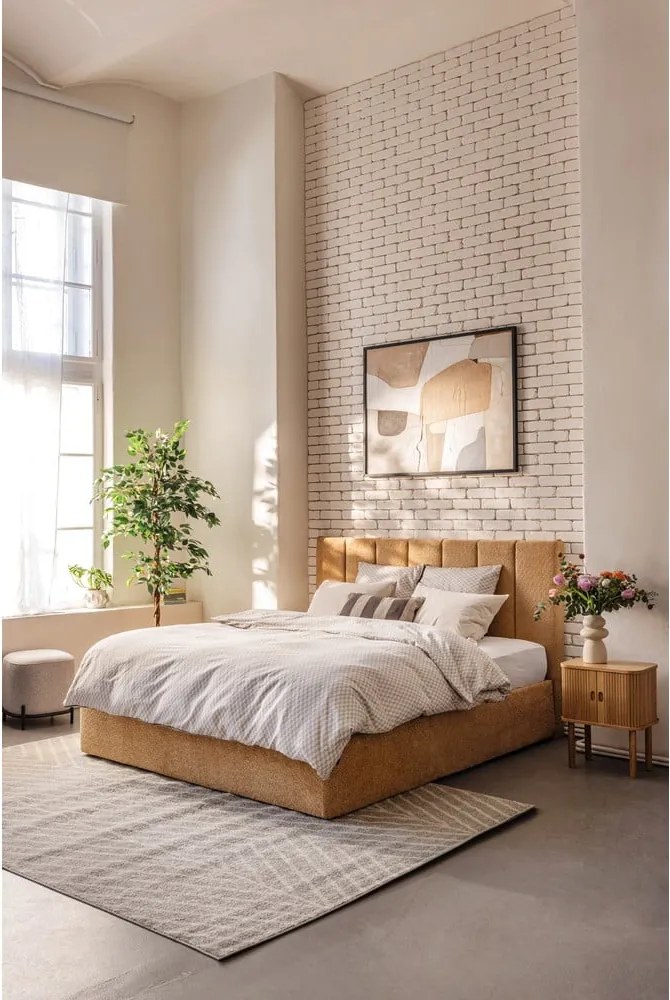 Тапицирано двойно легло с място за съхранение и включена подматрачна рамка в цвят горчица 160x200 cm Thessa Bold Line – Bonami Selection