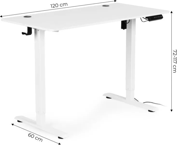 Електрическа работна маса с регулиране на височината и бели крака - 120 x 60 cm Кафяво