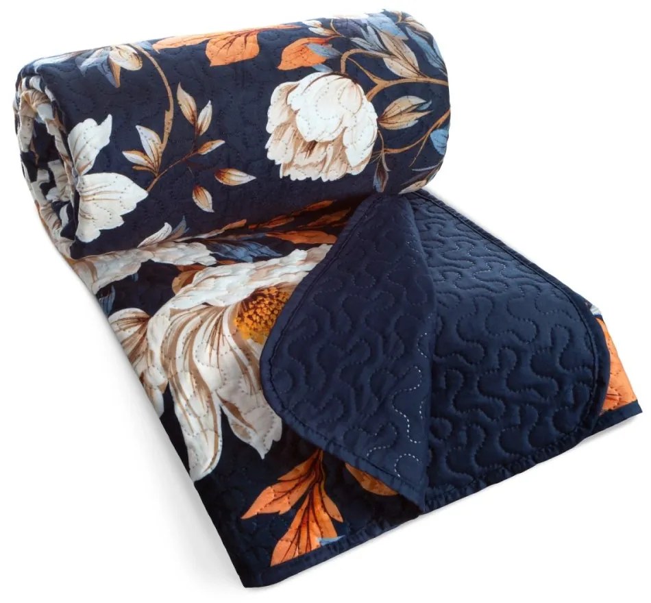 Ватирана покривка за легло в тъмносиньо с флорална шарка на божур Ширина: 200 см | Дължина: 220 см