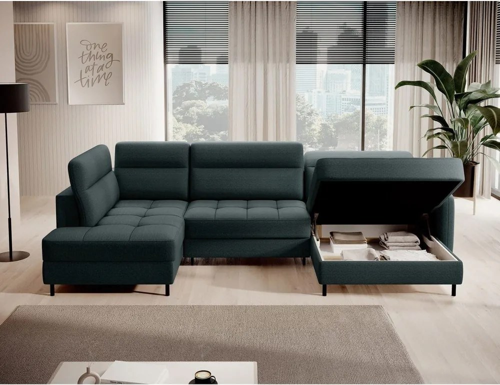 Зелен кадифен разтегателен ъглов диван с място за съхранение (ляв ъгъл U форма) Berrto – ELTAP
