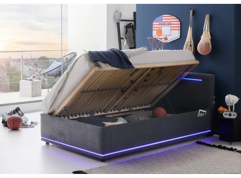 Тъмносиво тапицирано детско легло 140x200 cm с място за съхранение с включена подматрачна рамка Circle – Meise Möbel