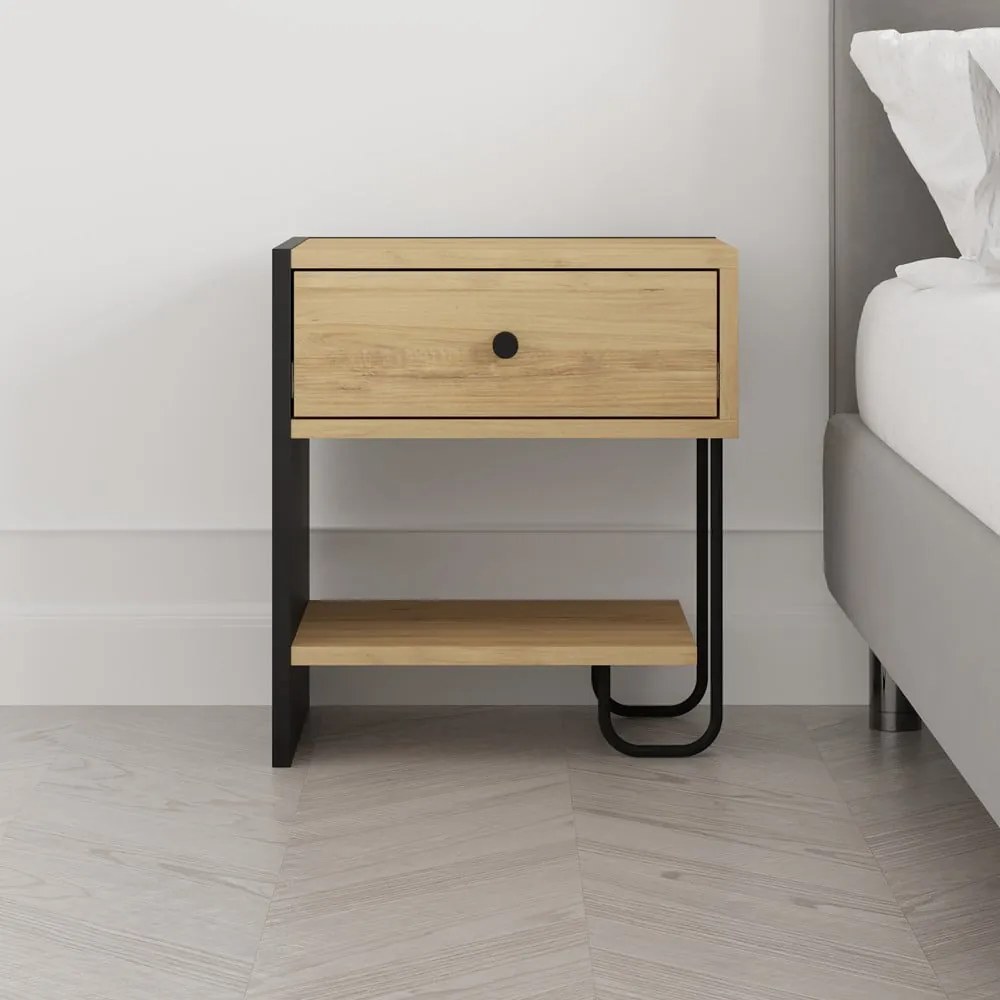 Нощно шкафче с рафтове от черен/естествен дъб Saturne - Marckeric