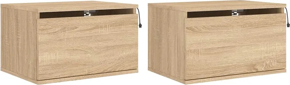 836831 vidaXL Нощни шкафчета за стена с LED осветление, 2 бр, сонома дъб