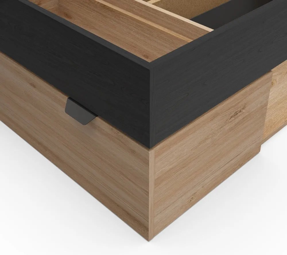 Черно-естествено единично легло 90x200 cm от декор от дъб с място за съхранение без ламелно дъно Albo – Marckeric