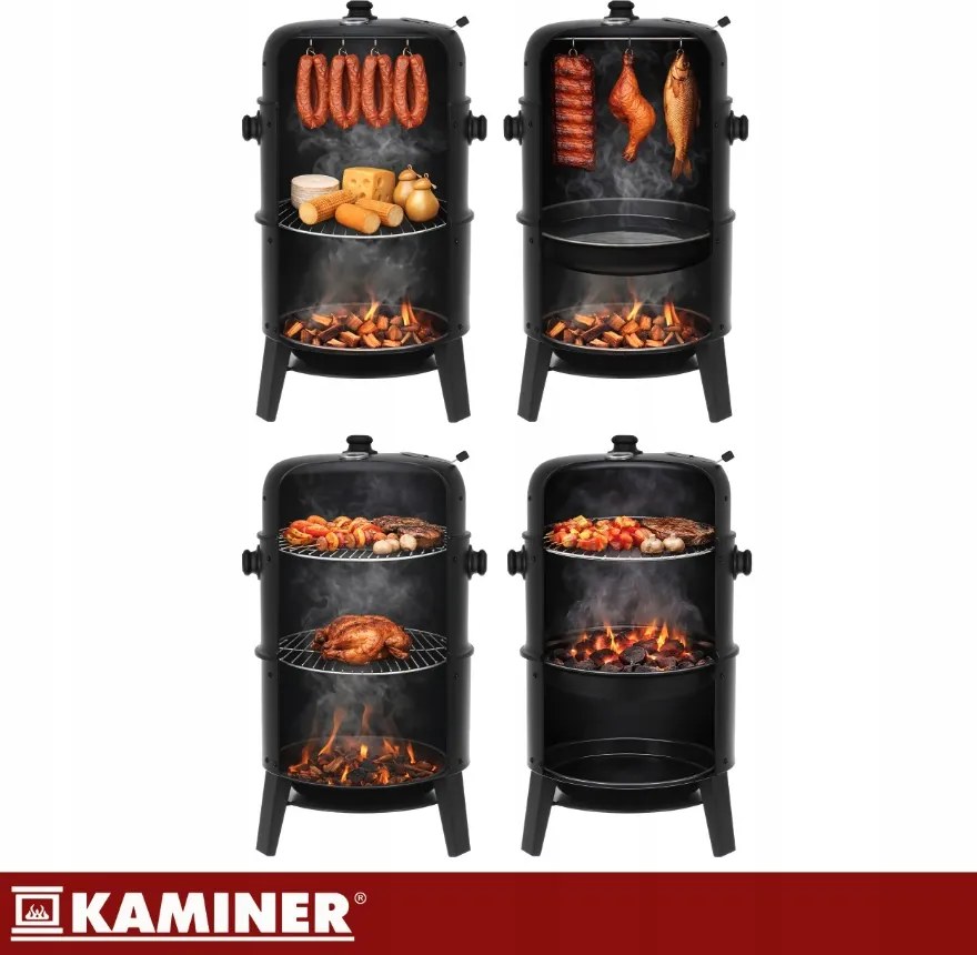 Градинска скара на дървени въглища с пушилня 3 в 1