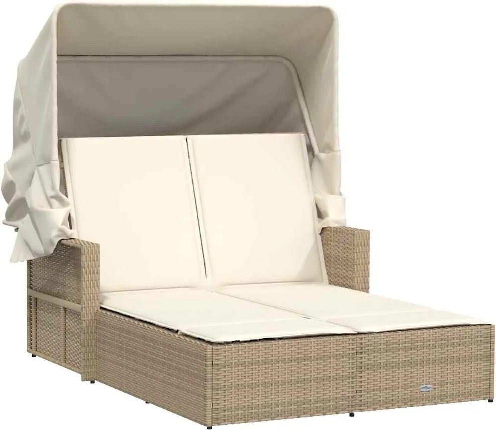 365810 vidaXL Двоен шезлонг със сенник и възглавници бежов полиратан