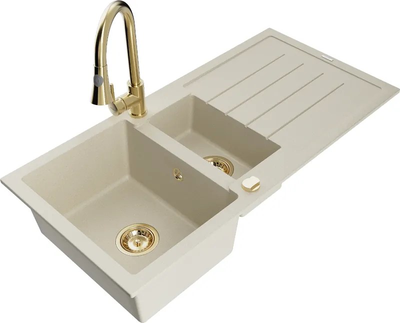 Mexen Andres гранитна кухненска мивка с 1,5 отделения с отцедник и кухненски смесител Elia, бежов - 6515-69-670101-50