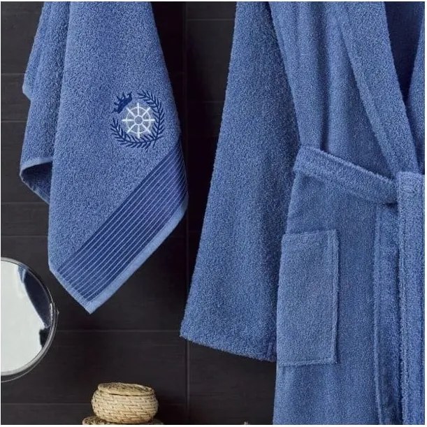 Син памучен халат за баня и кърпа в комплект размер S/M – Mila Home