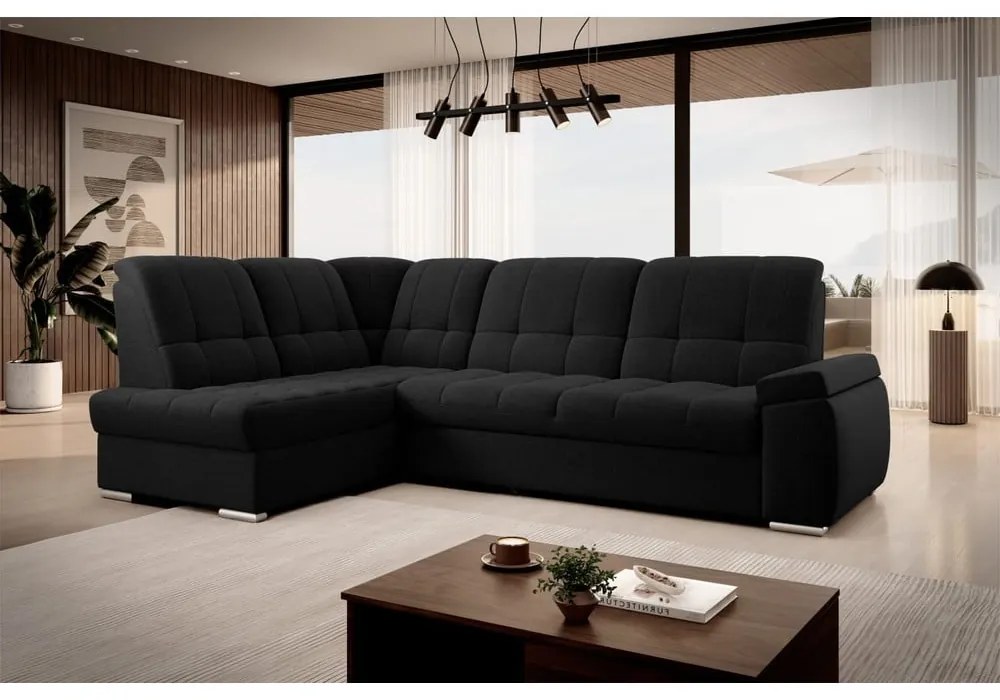 Черен разтегателен ъглов диван с място за съхранение (ляв ъгъл L форма) Sado – ELTAP
