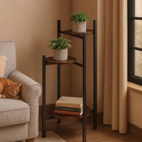 Стойка за цветя на тавана - 3-етажен рафт с кръгли дървени рафтове