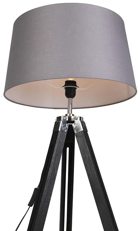 Подова лампа триножник черна с абажур 45 см ленено тъмно сиво